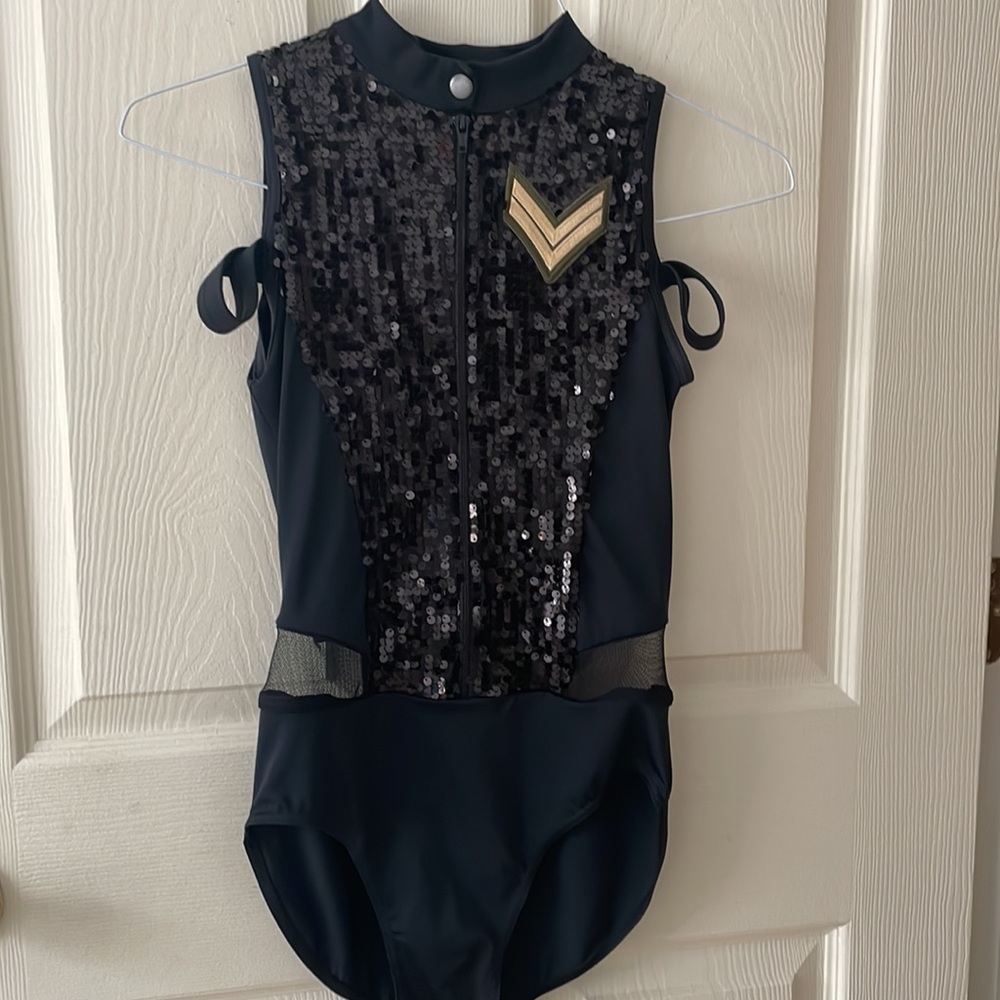 Weissman Black Sequin Front Leotard with Gold Chevron Patch